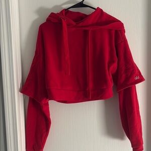 ALO Yoga Red Cropped Hoodie with Long Sleeves and Boxy Style